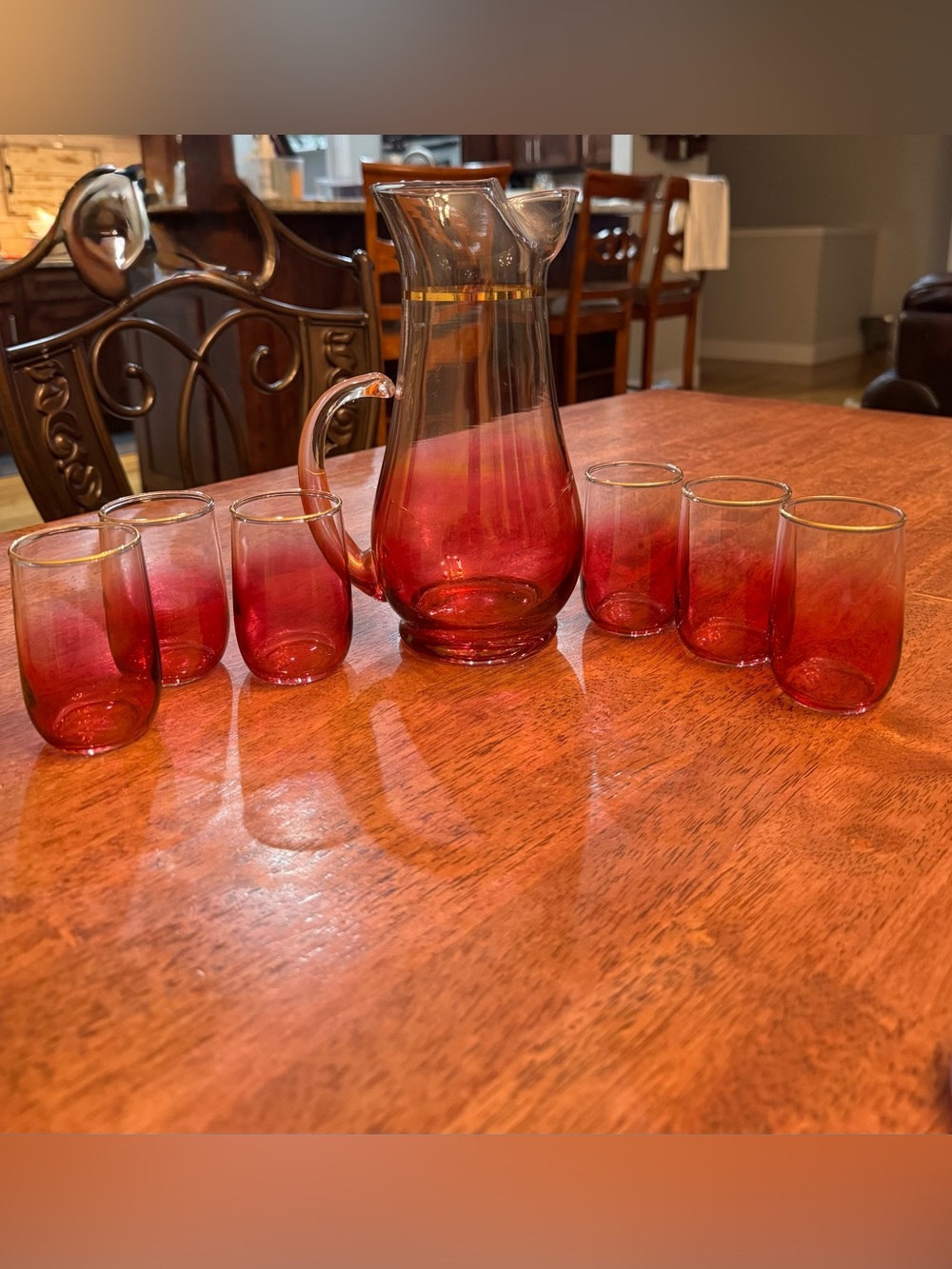 1960s West Virginia Glass Co. Blendo Cranberry Rose Pitcher & Drinking Glass Set